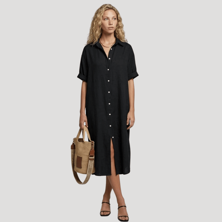 Women's Shirt Dress Midi Short Sleeve Collared Casual Button