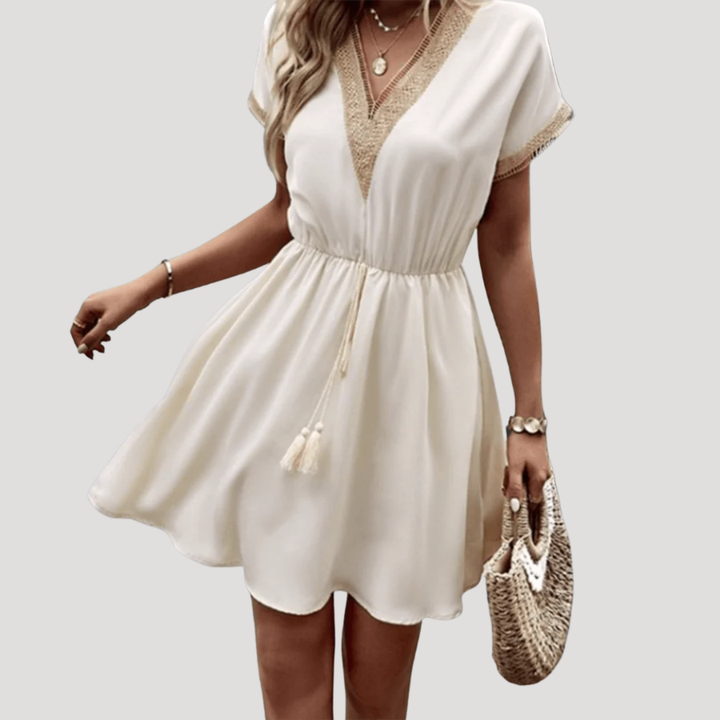 Women's Mini Dress V Neck Short Sleeve Waist Tie Casual