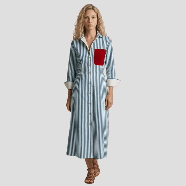 Women's Striped Maxi Shirt Dress Collared Long Sleeve Everyday Wear