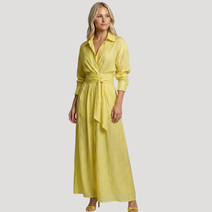 Women's Yellow Maxi Shirt Dress Long Sleeve Waist Tie Casual