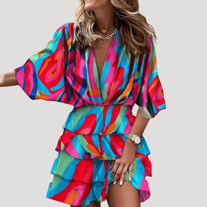 Women's Mini Wrap Dress Boho Printed V Neck Long Sleeve