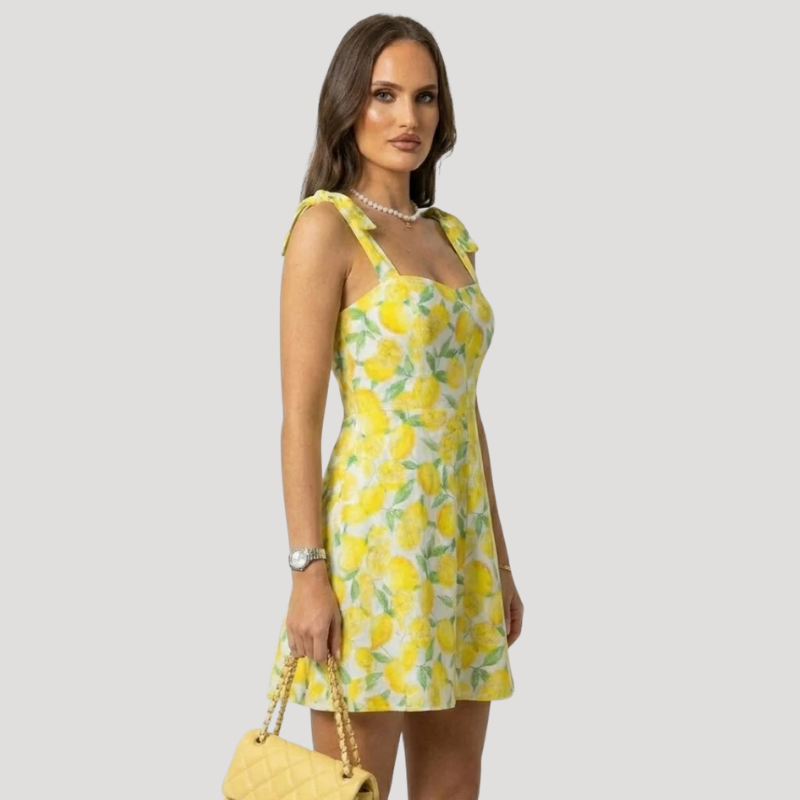 Women's Yellow Floral Mini Dress Sundress Square Neck Summer
