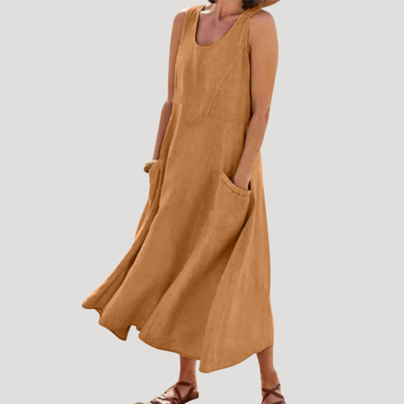 Women's Linen Dress Maxi Sleeveless Tank Loose Pocket Casual