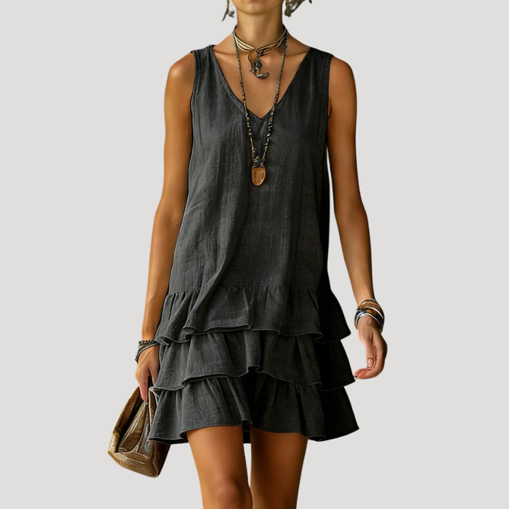 Women's Sleeveless Tiered Mini Dress Linen Beach Wear