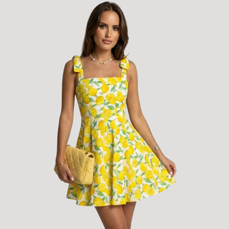 Women's Yellow Floral Mini Dress Sundress Square Neck Summer