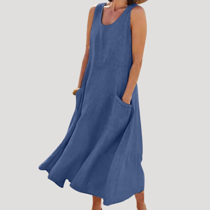 Women's Linen Dress Maxi Sleeveless Tank Loose Pocket Casual