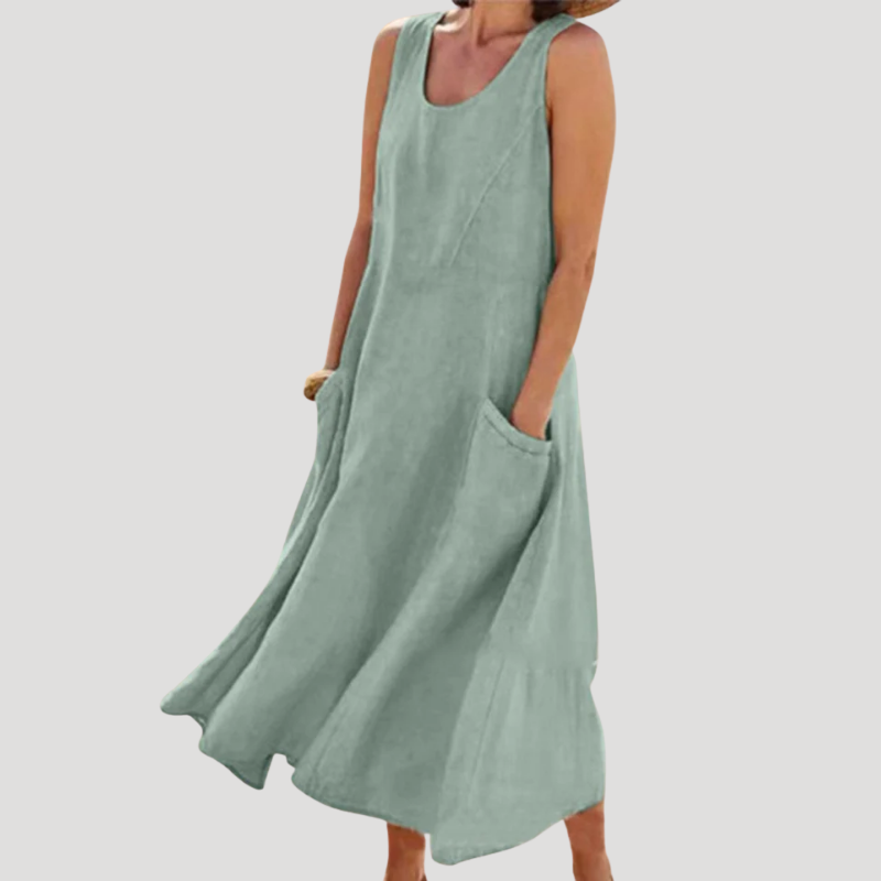 Women's Linen Dress Maxi Sleeveless Tank Loose Pocket Casual