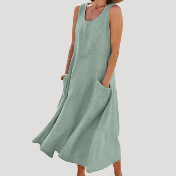 Women's Linen Dress Maxi Sleeveless Tank Loose Pocket Casual
