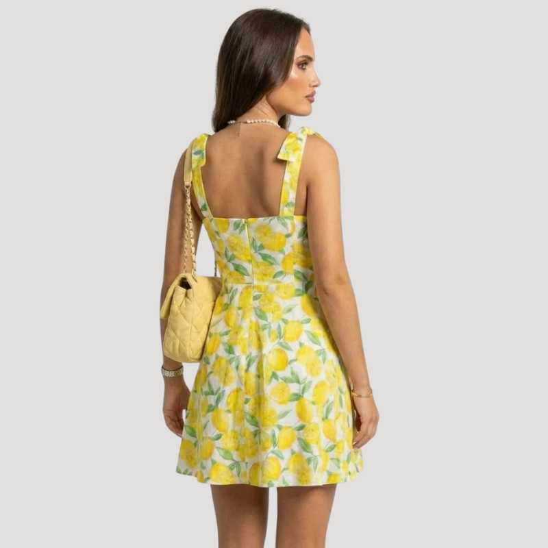 Women's Yellow Floral Mini Dress Sundress Square Neck Summer