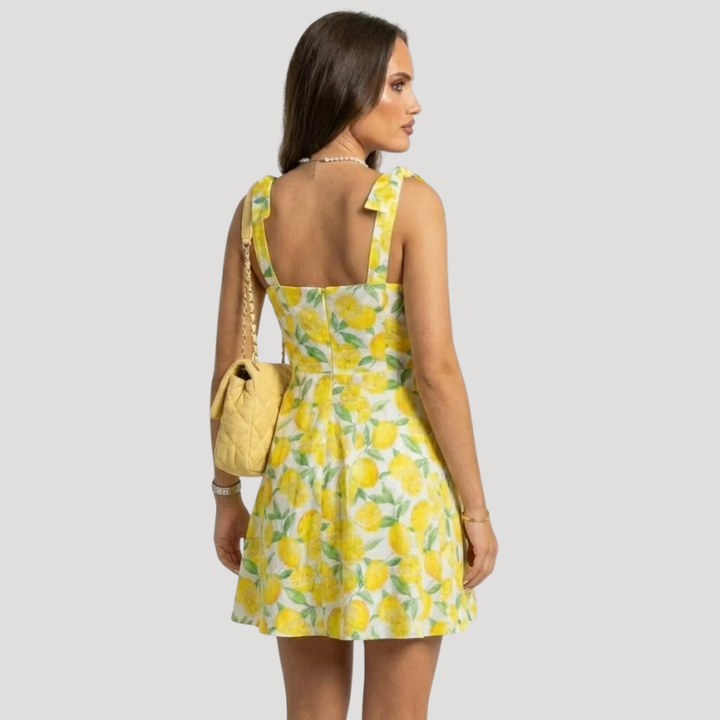 Women's Yellow Floral Mini Dress Sundress Square Neck Summer