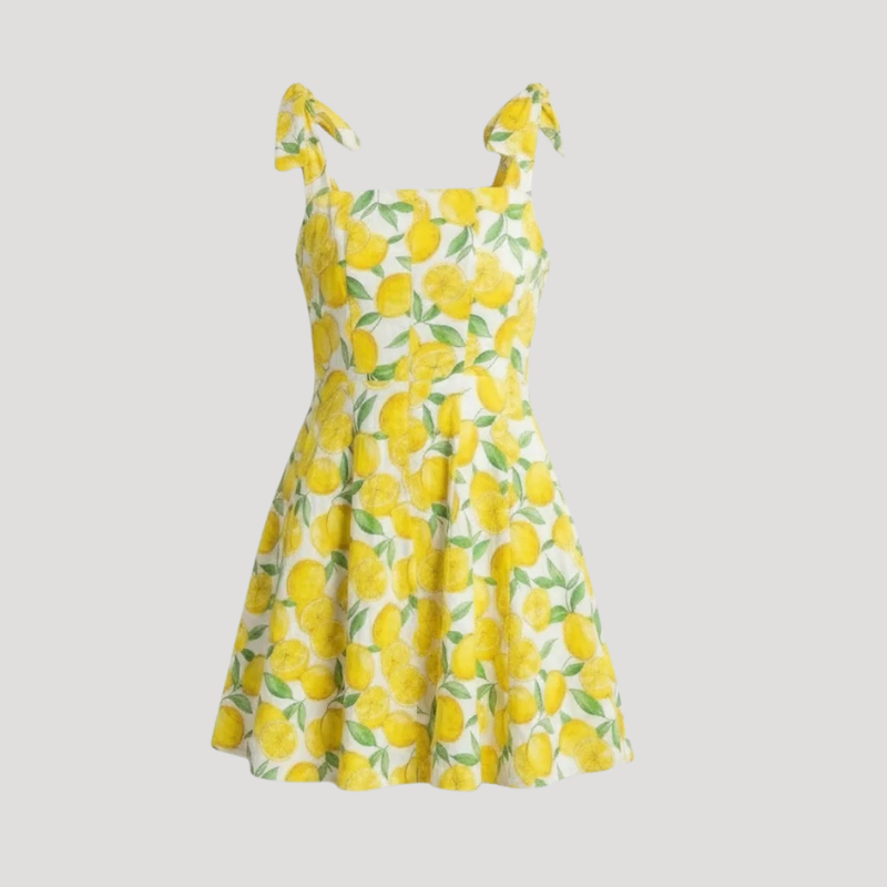 Women's Yellow Floral Mini Dress Sundress Square Neck Summer