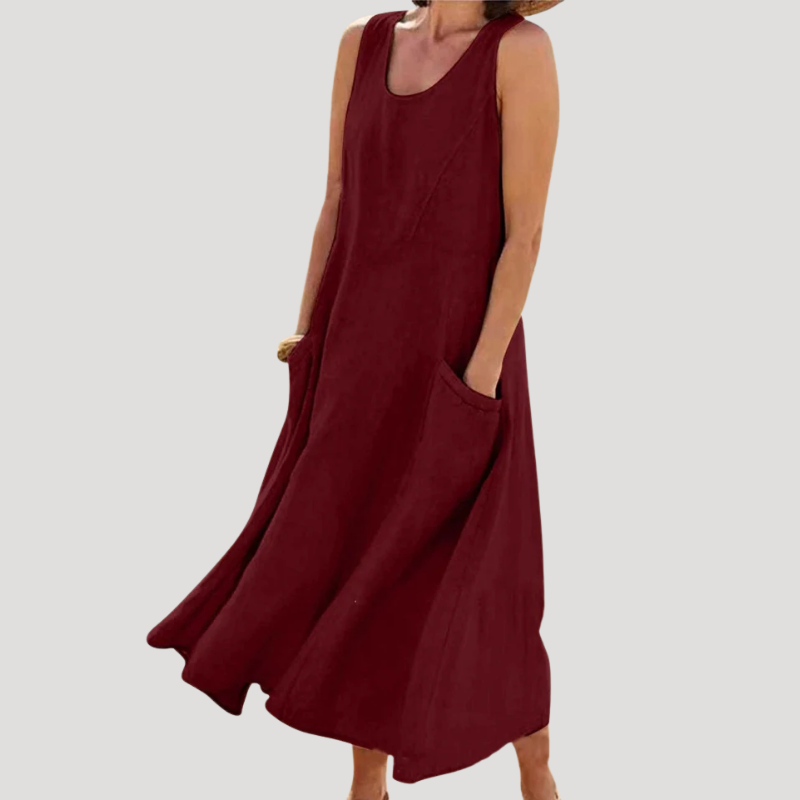 Women's Linen Dress Maxi Sleeveless Tank Loose Pocket Casual