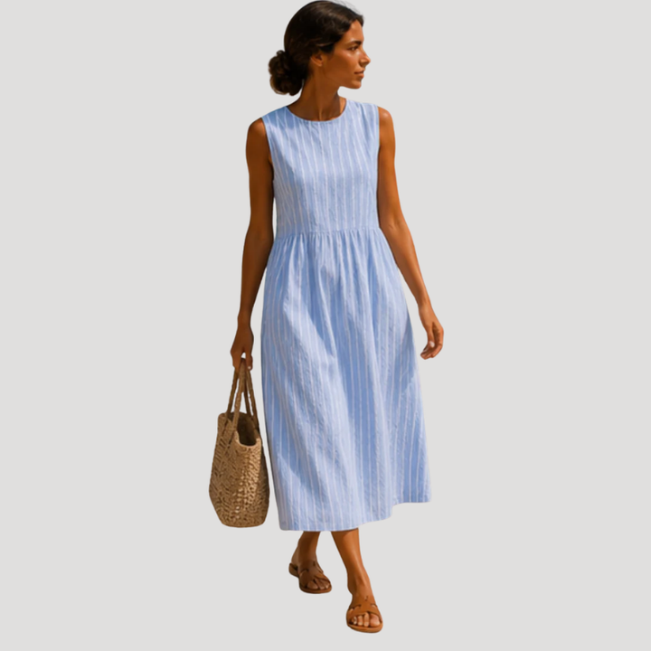 Women's Blue Linen Dress Midi Sleeveless Striped A Line Casual