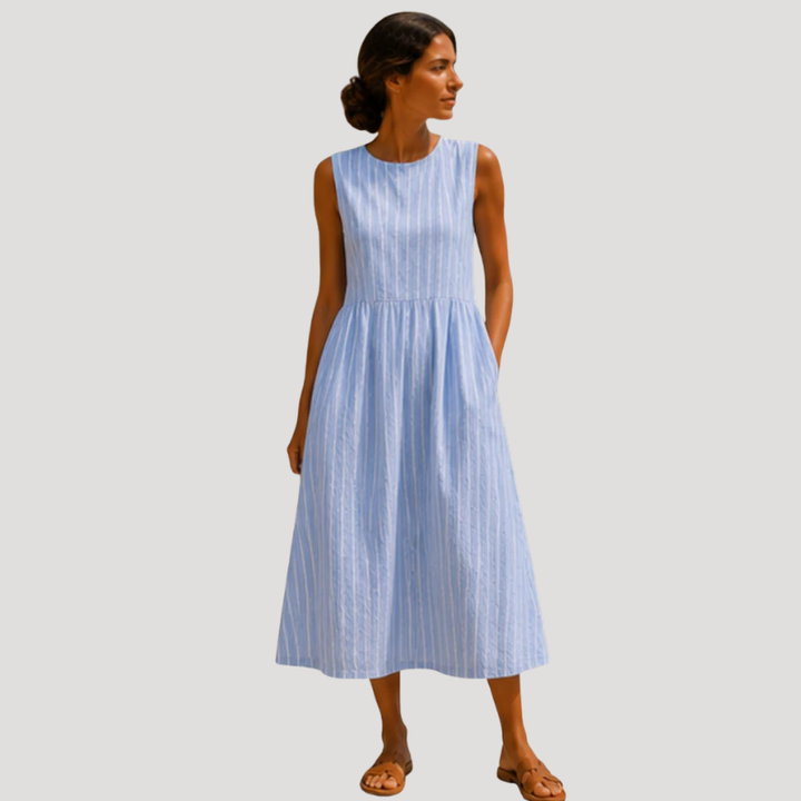 Women's Blue Linen Dress Midi Sleeveless Striped A Line Casual