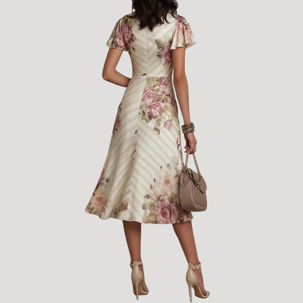 Women's Beige Printed Mini Dress V Neck Casual