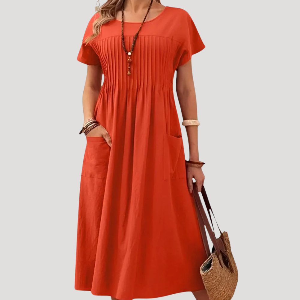 Women's Midi Dress Summer Casual Short Sleeve Pleated Pocket