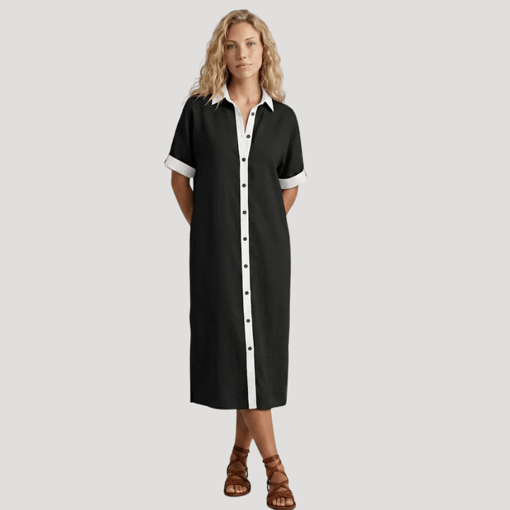 Women's Midi Shirt Collared Short Sleeve Button Contrast Casual
