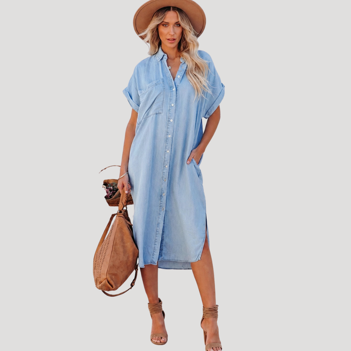 Women's Denim Dress Midi Shirt Blue Casual