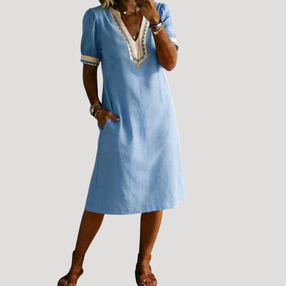 Women's Linen Midi Dress V Neck Casual