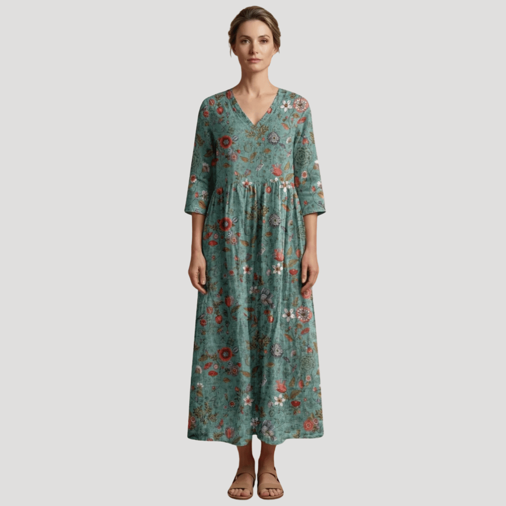 Women's Floral Maxi V Neck Printed Boho Three Quarter Sleeves