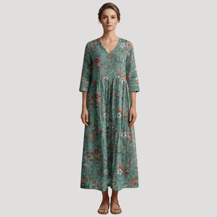 Women's Floral Maxi V Neck Printed Boho Three Quarter Sleeves