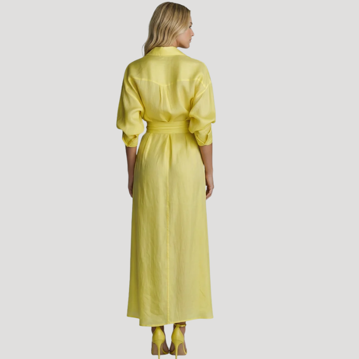 Women's Yellow Maxi Shirt Dress Long Sleeve Waist Tie Casual