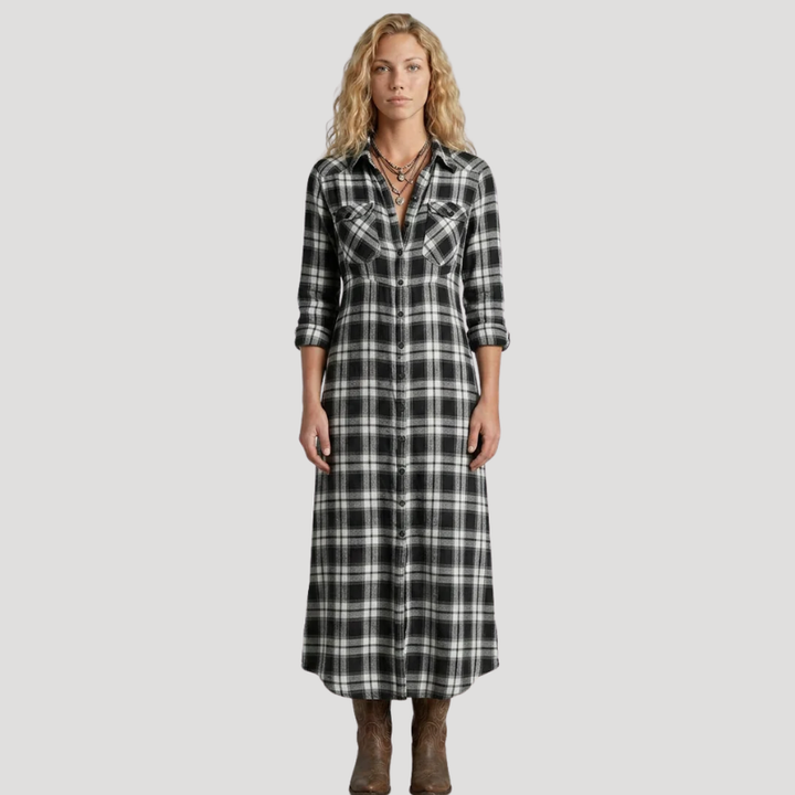 Women's Maxi Shirt Dress Long Sleeve Plaid Check Button Front Casual