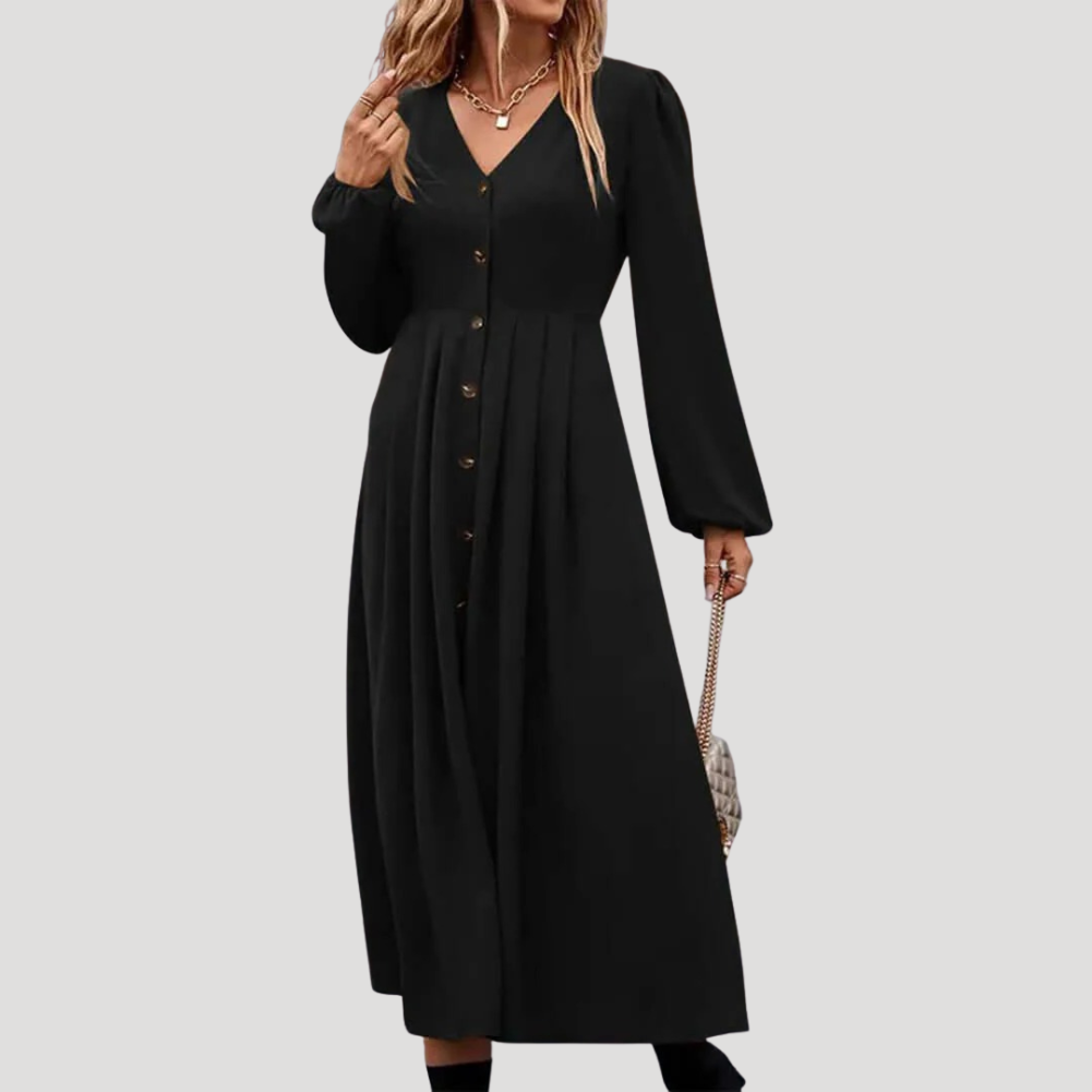 Women's Maxi Dress Long Sleeve V Neck Button Front