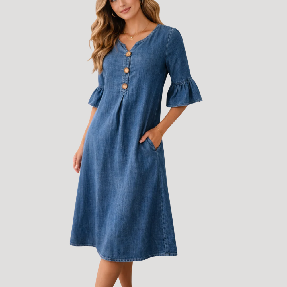 Women's Denim Dress Midi Casual V Neck Shift Button