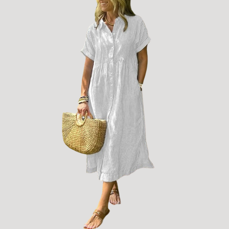 Women's Linen Dress Shirt Dress Midi Short Sleeve Summer