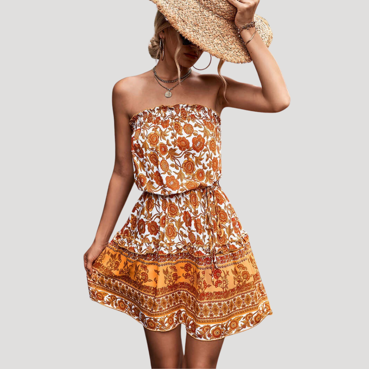 Women's Strapless Mini Dress Boho Floral Printed Summer Casual