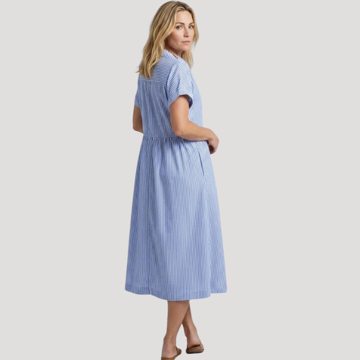 Women's Striped Midi Shirt Dress Short Sleeve Collared Casual Summer