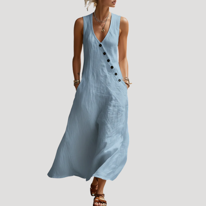 Women's Linen Dress Maxi Dress Sleeveless Button V Neck