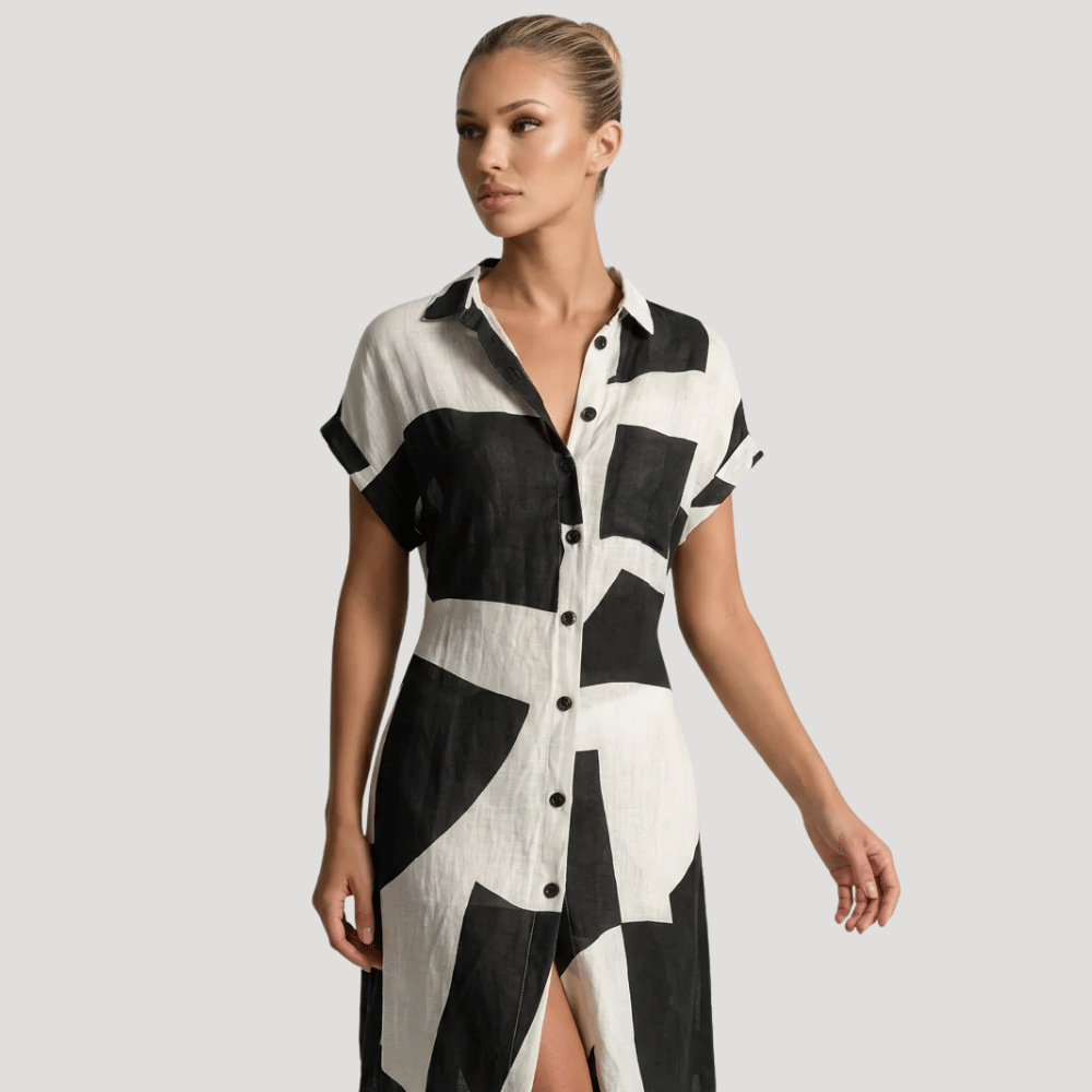 Women's Printed Maxi Shirt Dress Short Sleeve Collared Split