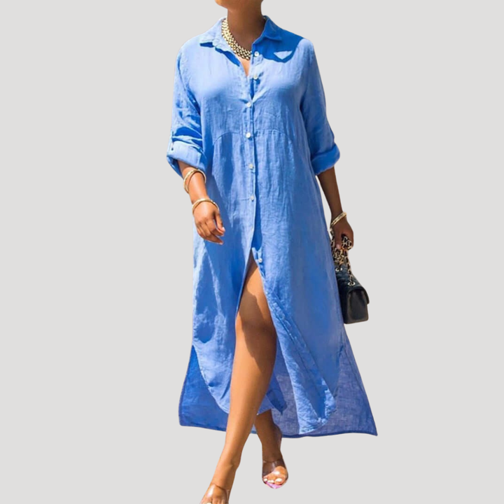 Women's Shirt Dress Maxi Long Sleeve Button Collared Linen