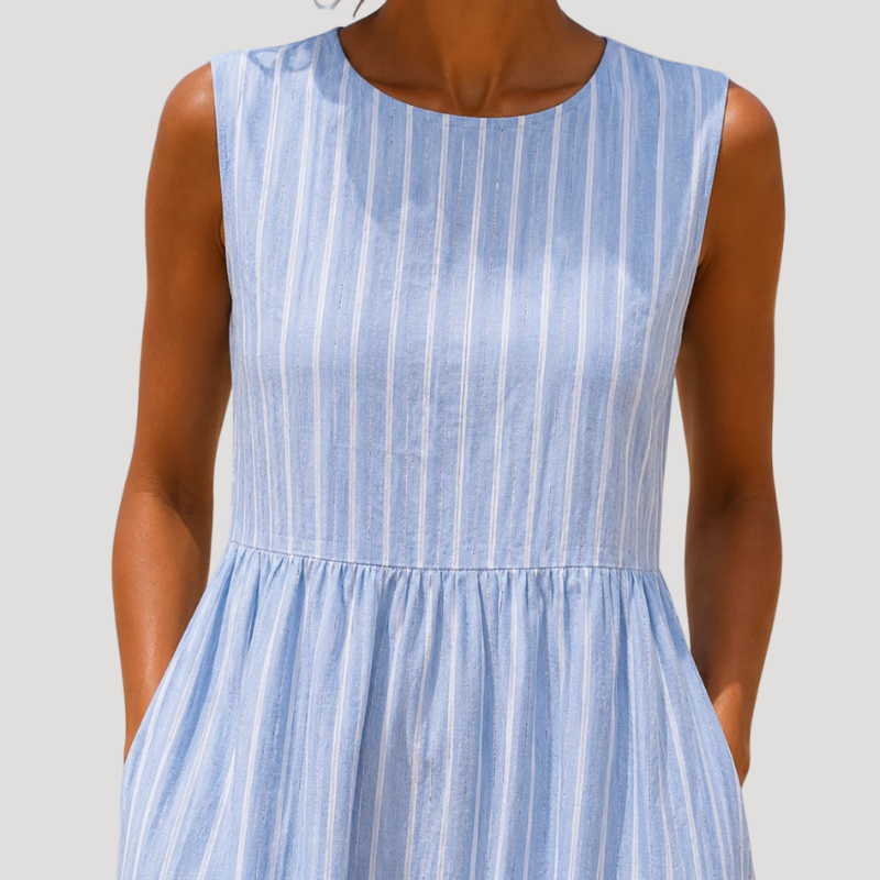 Women's Blue Linen Dress Midi Sleeveless Striped A Line Casual
