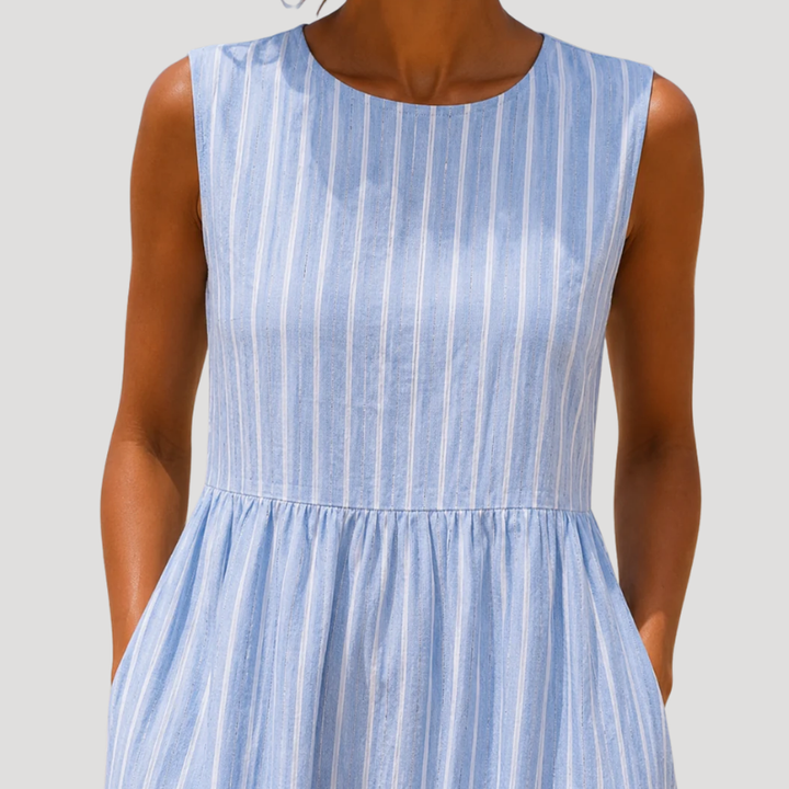 Women's Blue Linen Dress Midi Sleeveless Striped A Line Casual