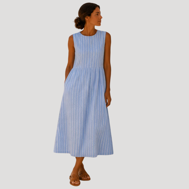 Women's Blue Linen Dress Midi Sleeveless Striped A Line Casual