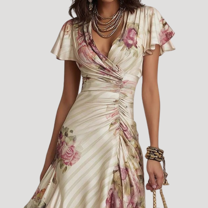 Women's Beige Printed Mini Dress V Neck Casual