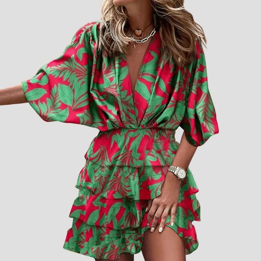Women's Mini Wrap Dress Boho Printed V Neck Long Sleeve