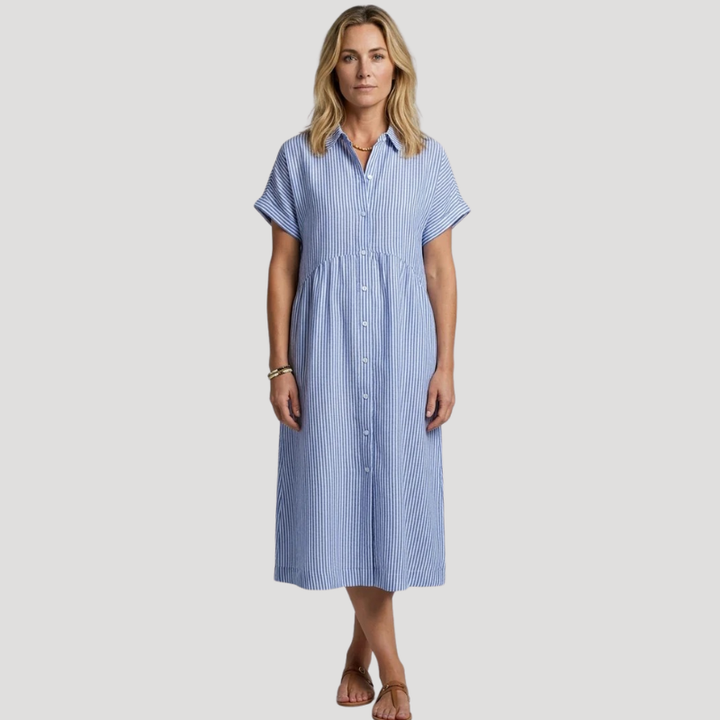 Women's Striped Midi Shirt Dress Short Sleeve Collared Casual Summer