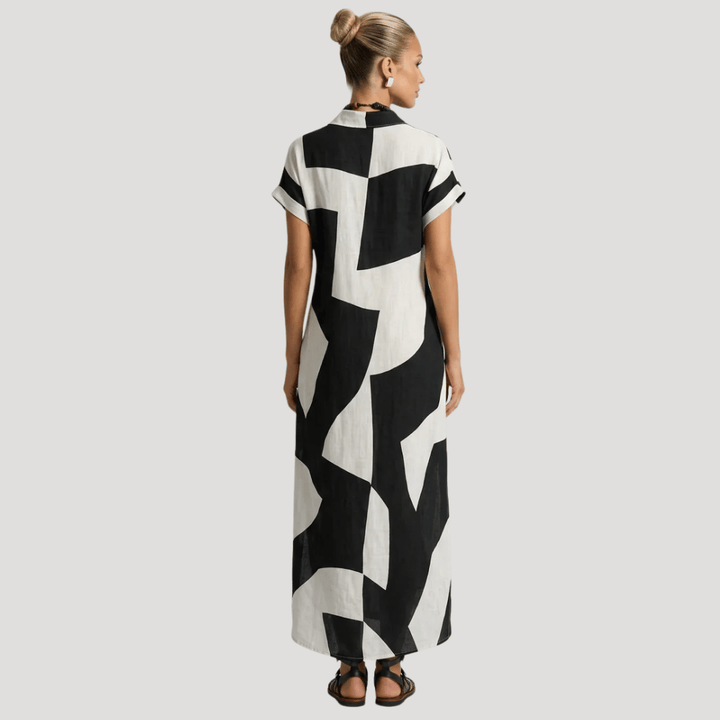 Women's Printed Maxi Shirt Dress Short Sleeve Collared Split