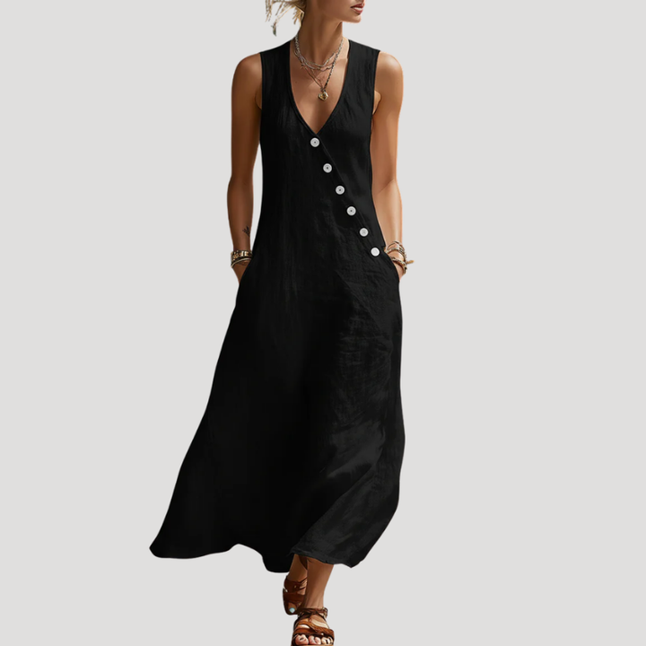 Women's Linen Dress Maxi Dress Sleeveless Button V Neck