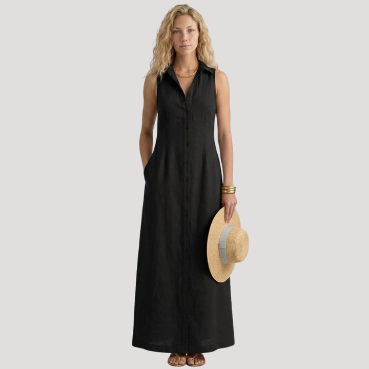 Women's Sleeveless Maxi Shirt Dress Collared Split Hem