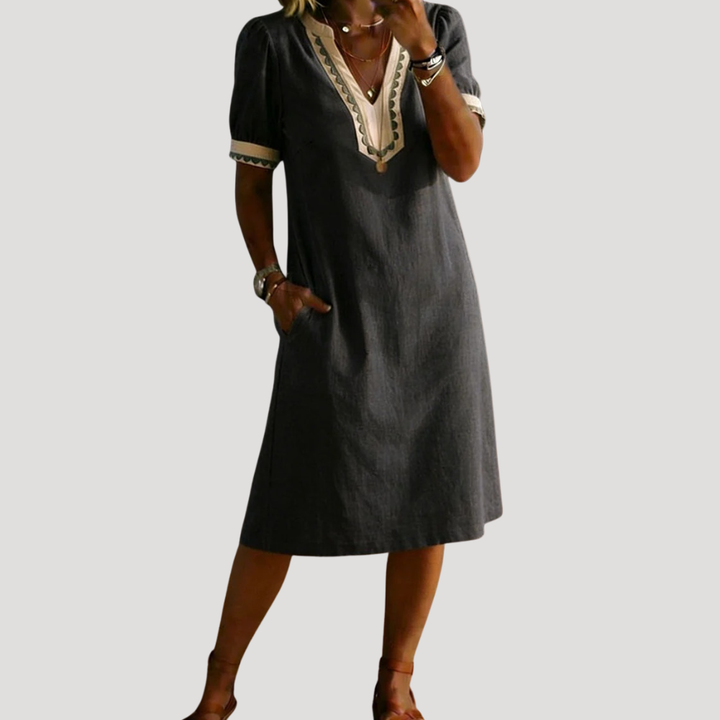Women's Linen Midi Dress V Neck Casual