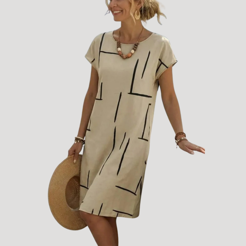 Women's Linen Dress Casual Printed Midi Shift Short Sleeve Loose