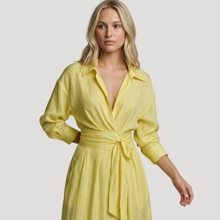 Women's Yellow Maxi Shirt Dress Long Sleeve Waist Tie Casual