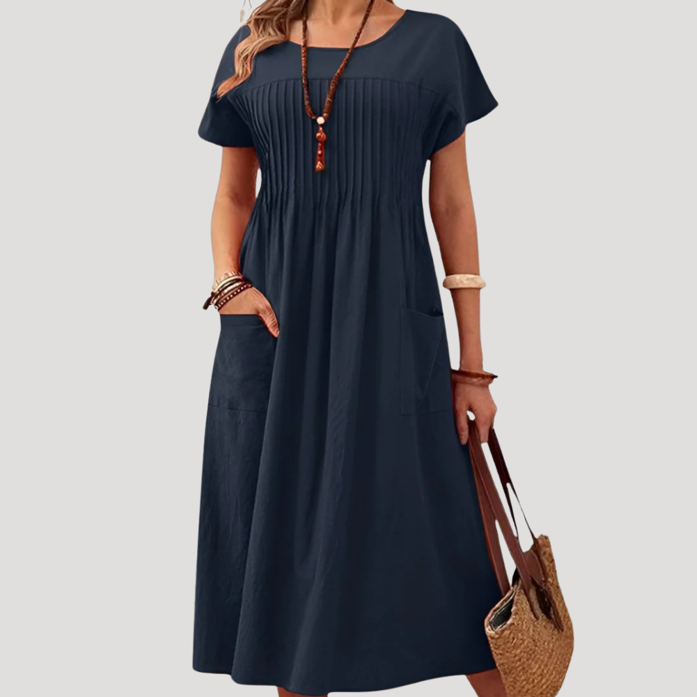 Women's Midi Dress Summer Casual Short Sleeve Pleated Pocket