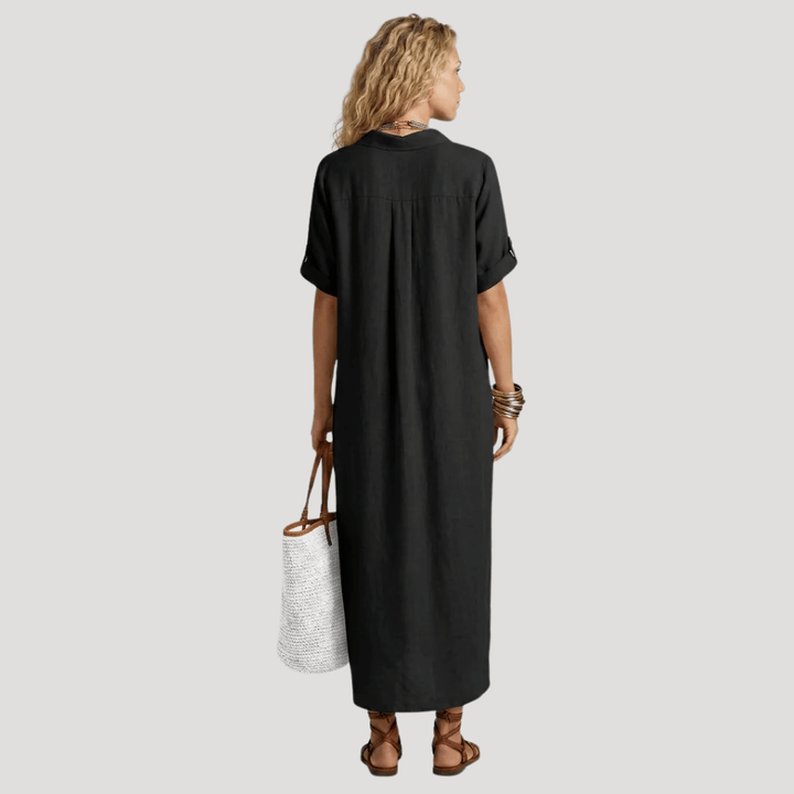 Women's Midi Shirt Collared Short Sleeve Button Contrast Casual