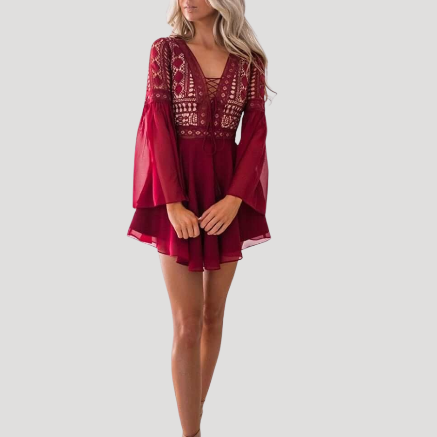 Women's Mini Dress Long Sleeve Boho Lace V Neck